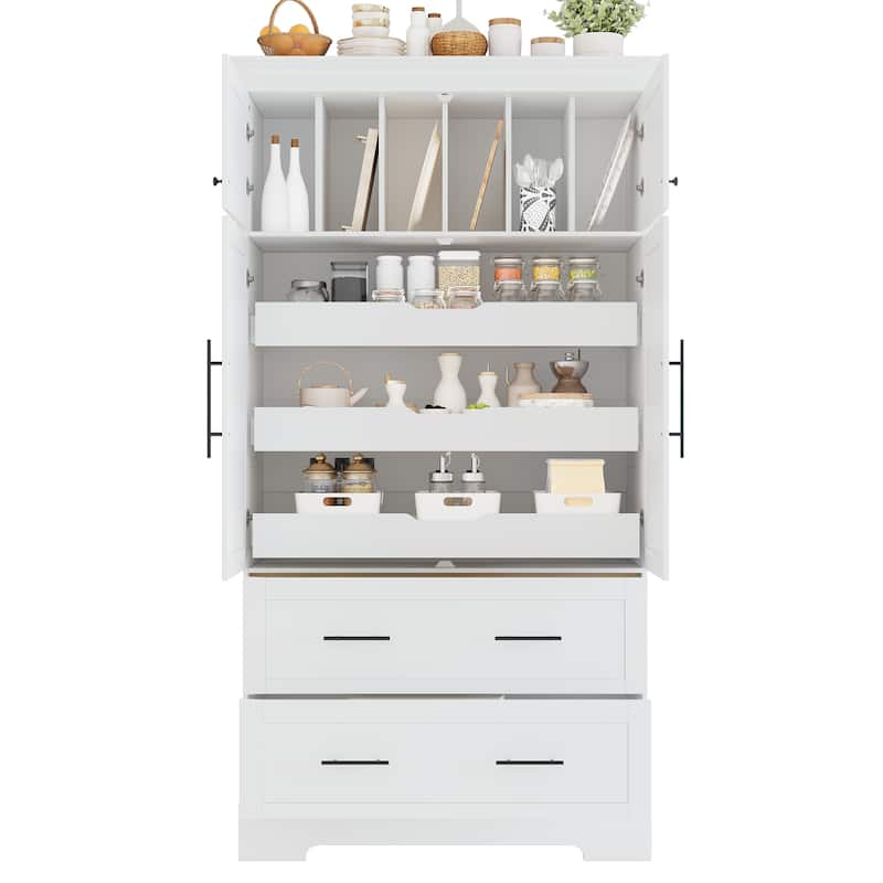Roomfitters 73 Inch Large Kitchen Pantry with 4 Doors, Pull-Out Trays and Cake Pan Organizer