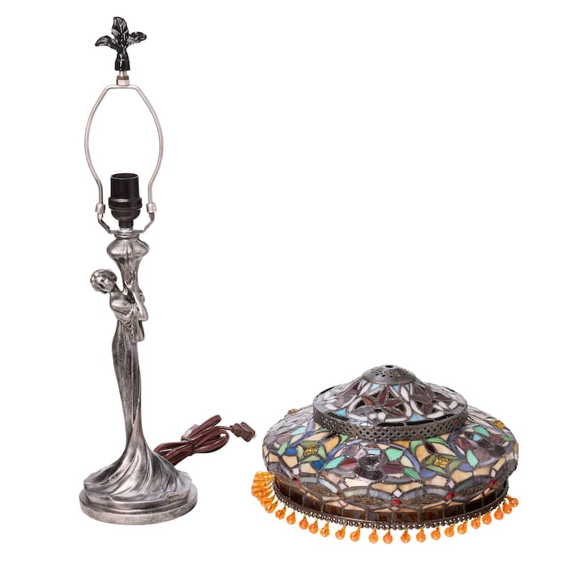 Parisian River of Goods Antique Silver Polyresin and Stained Glass Bell Shade 24-Inch Table Lamp - 12" X 12" X 24"