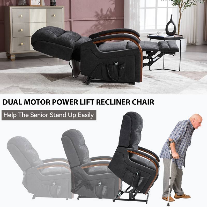 Roomfitters Dual Motor Power Lift Recliner, Infinite Position Massage Chair with Solid Wood Armrests, Chenille