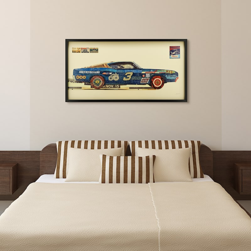"Muscle Blue Car" Dimensional Collage Framed Graphic Glass Wall Art