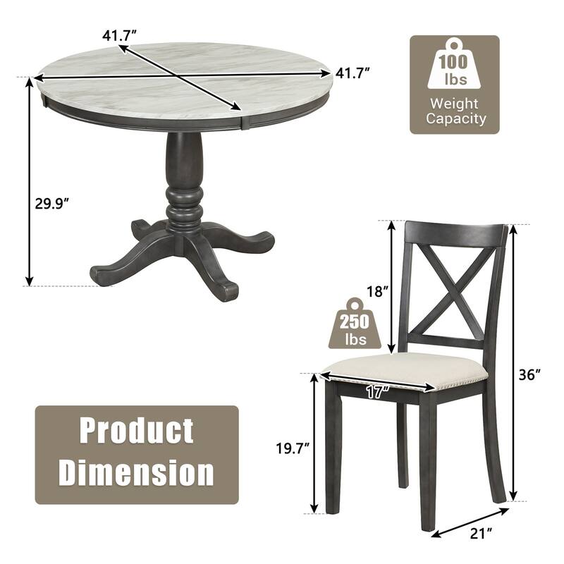 5 Piece Modern Solid Wood Dining Table Set with Chairs, Faux Marble Top