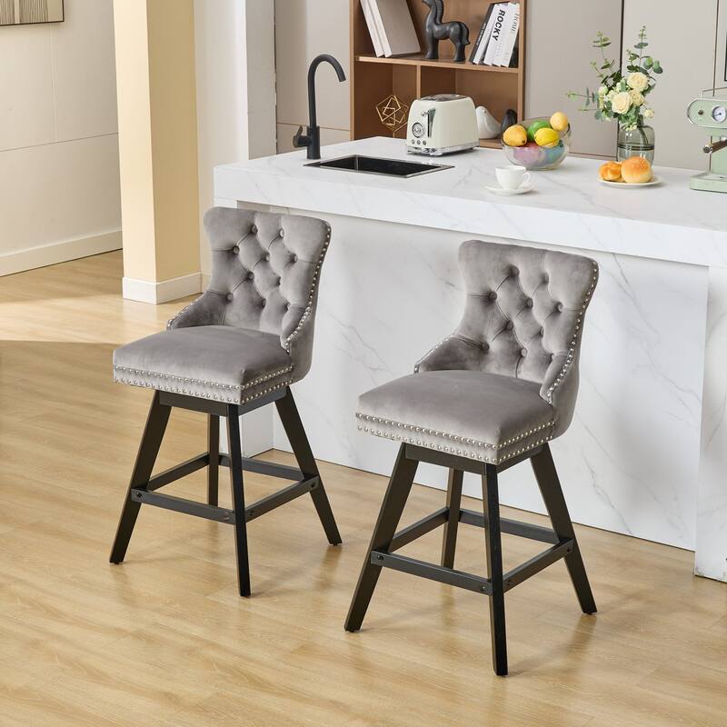 Swivel Bar Stools Set of 2, Velvet Counter Height Barstools with Wooden Legs, Kitchen Island Chairs with Button Backrest