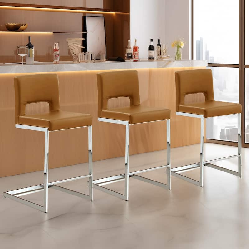 26" Counter Height Bar Stools Set of 2/3 with Metal Frame - 18"W x 23"D x 37.6"H - Set of 3 - Leather-Brown