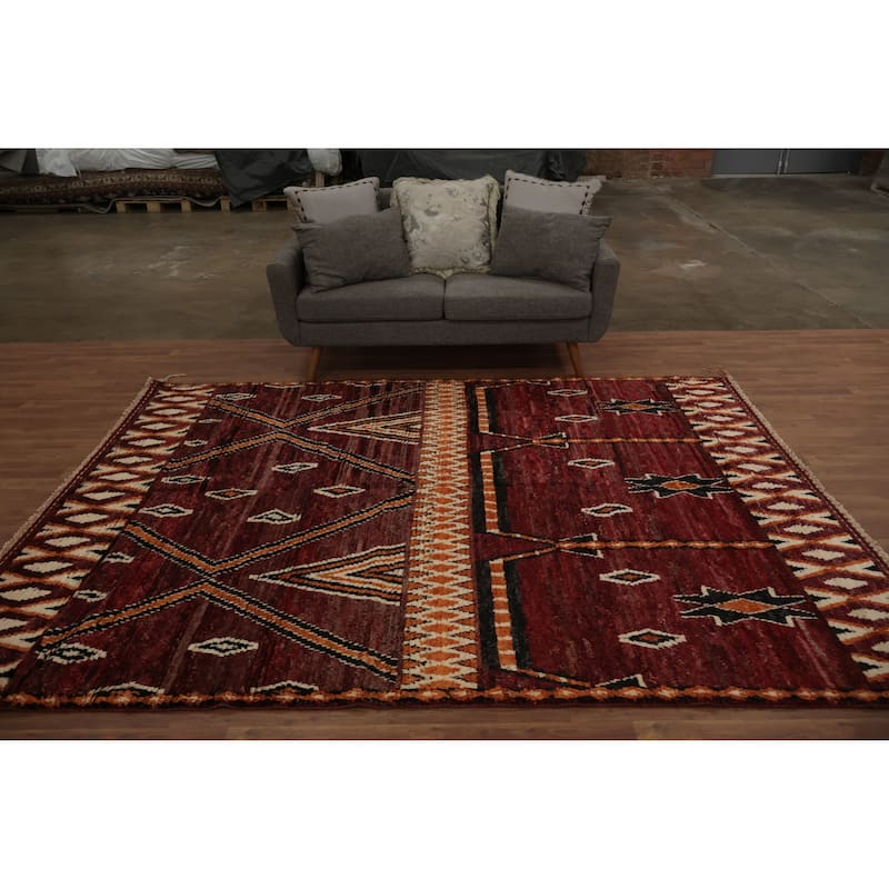Hand Knotted Oriental 100% Wool Carpet Modern Tribal Red Moroccan Area Rug - 9' 8'' X 6' 10''