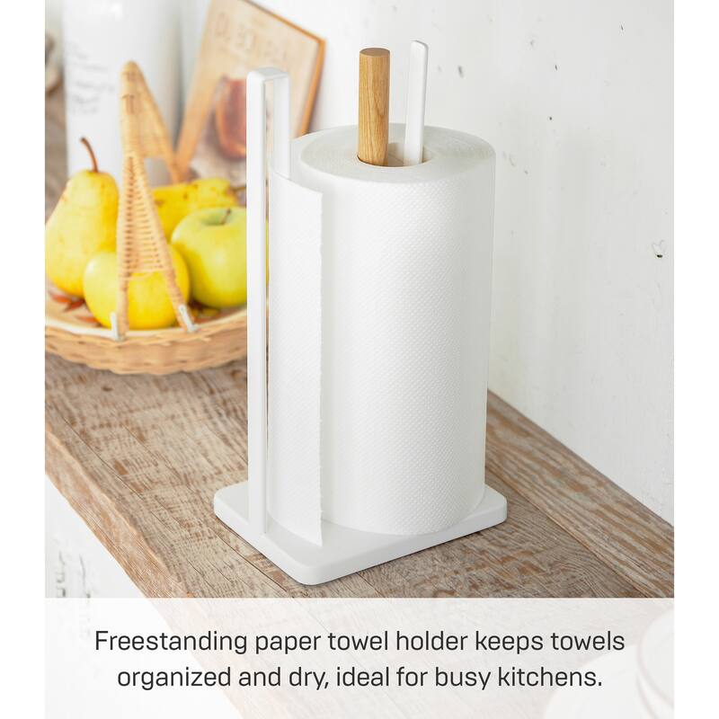 Yamazaki Home Paper Towel Holder, Steel and Wood - L 4.53 x W 6.1 x H 12.2 inches