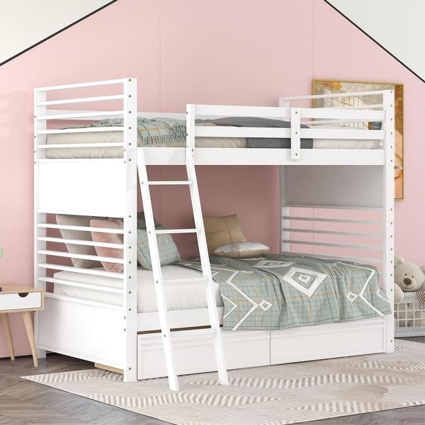 slide 2 of 20, Minimalist Design Twin over Twin Wood Bunk Bed with Ladder,Versatile Bunk Bed with 2-Drawers Under-Bed White