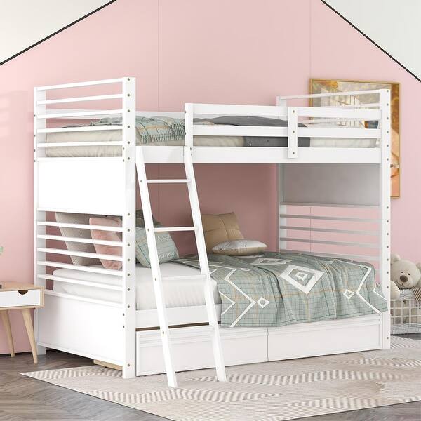 slide 2 of 20, Twin over Twin Wood Bunk Bed with Ladder and Two Drawers, White White