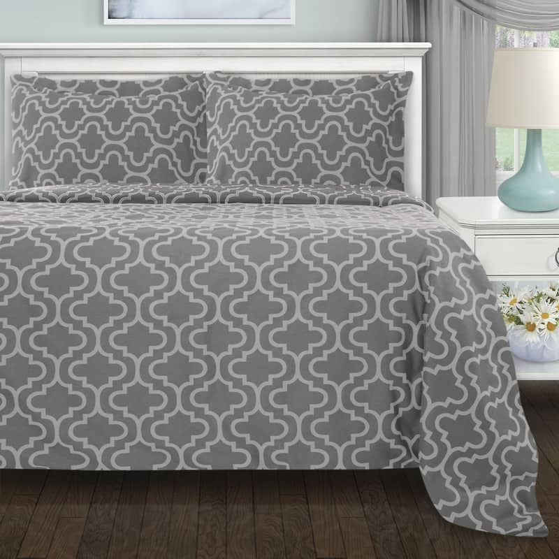 Superior Reversible Brushed Cotton Flannel Trellis Duvet Cover Set - King - Cal King - Grey