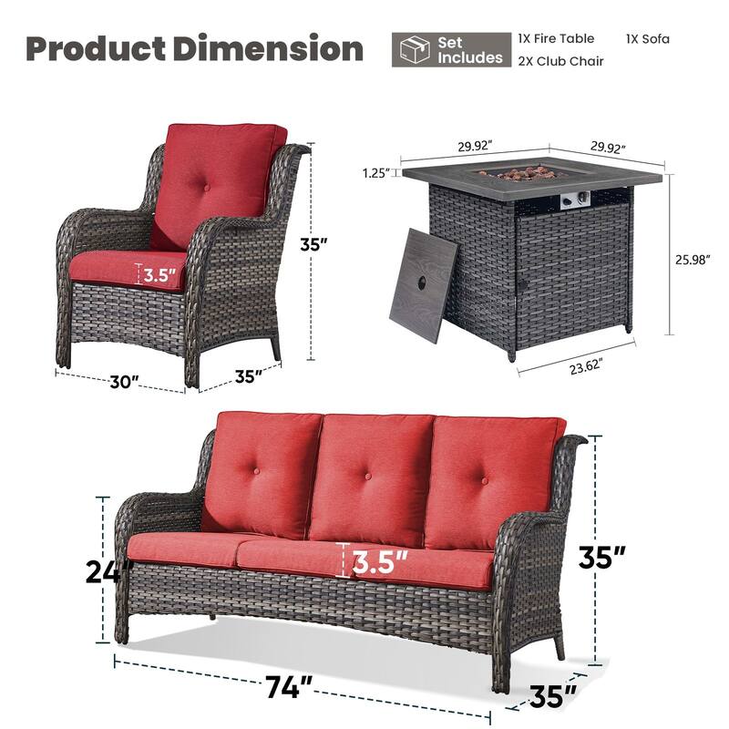 Gymojoy 4-Piece Outdoor Wicker Patio Furniture with Fire Pit Table, Rattan Coversation Set with Water Resistant Thick Cushions