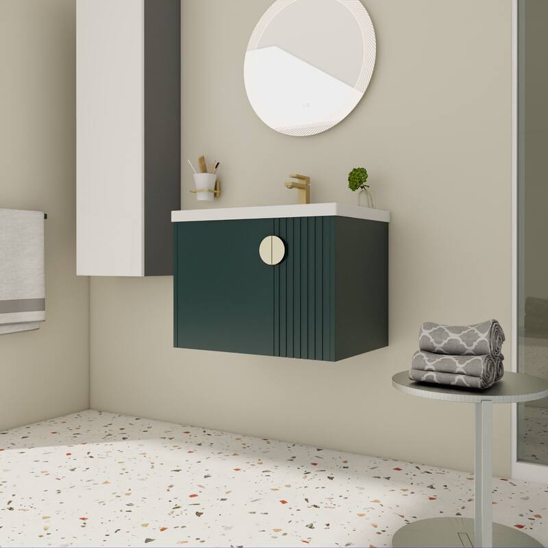 Floating Bathroom Vanity Cabinet with Pre-Drilled Ceramic Sink and Multiple Handle Options - 27.75in L