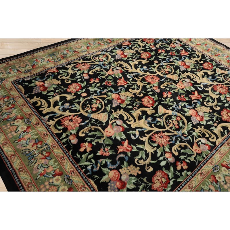 7'10''x9'10'' Hand Knotted Wool Black French Aubusson Savonnerie Asmara Rug - 7' 10'' x 9' 10''