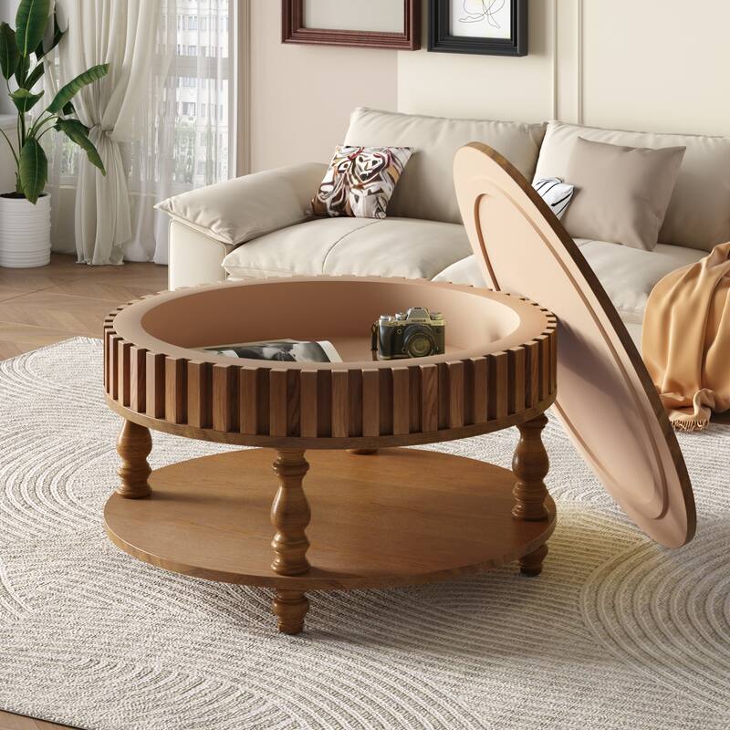 Roomfitters Fluted Coffee Table with Storage, Flip Top Center Table with Solid Wood Legs for Living Room