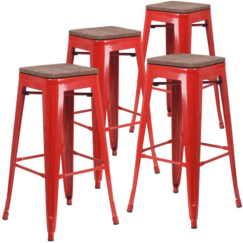 4 Pack 30" High Backless Metal Barstool with Square Wood Seat