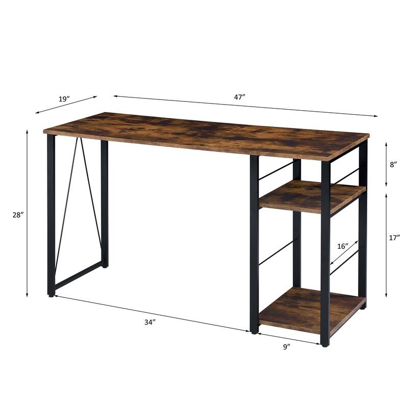 Rectangular Writing Desk with 2 Tier Shelf, Weathered Oak and Black