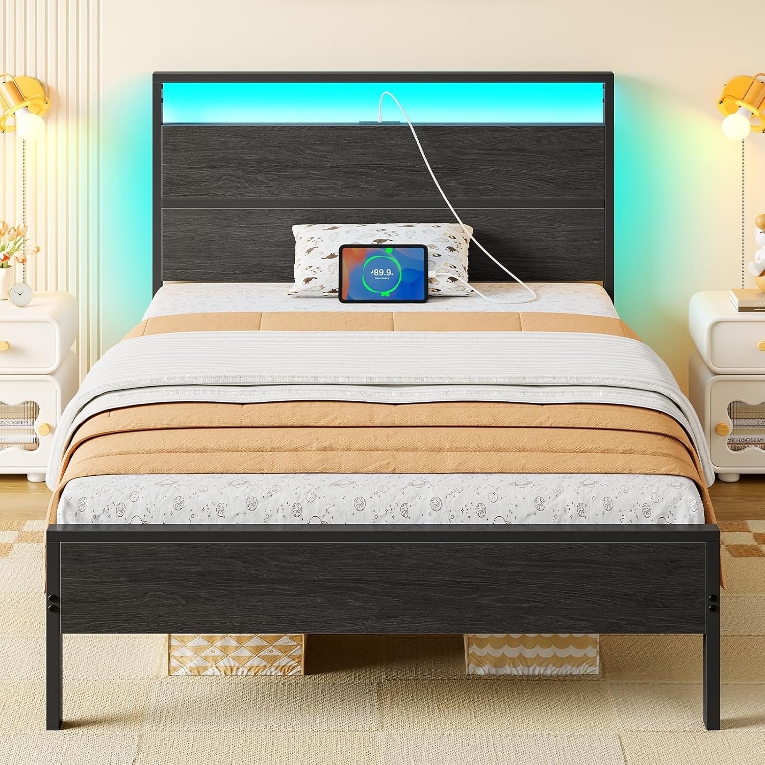 Twin Bed Frame with LED Lights, Charging Station, Storage, and RGB Light Control, No Box Spring Needed