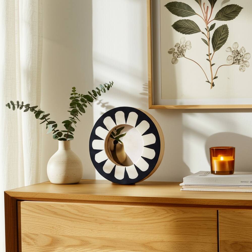 Resin Wood Photo Frame Round Petal Design for Home Office - 1" Ivory