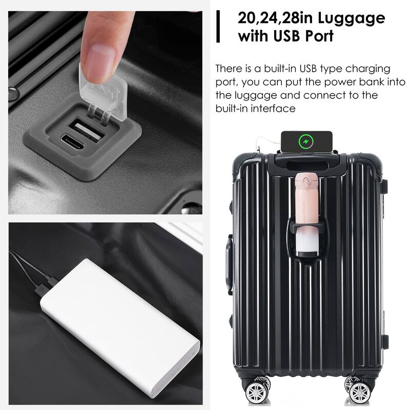 24in Aluminum Frame Luggage with USB port, Vacation Carry-On Suitcase with Spinner Wheels and TSA Lock, Travel Trolley Case