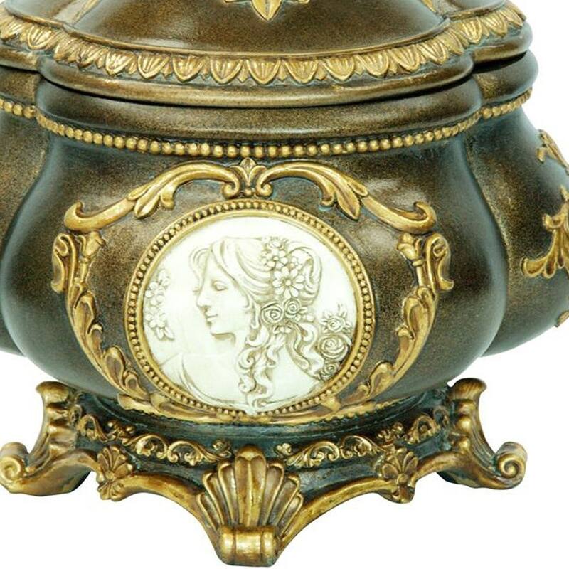 9" Bronze Gold And White Resin Floral Scroll Jewelry Box With Lacquer and High-Gloss Finishes