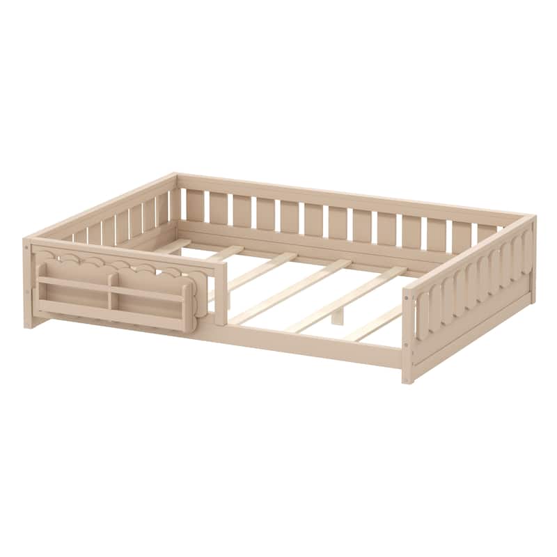 Kid Wood Platform Storage Bed Montessori Toddler Floor Bed Children Daybed with Guardrail and Side Creativity Storage Shelves