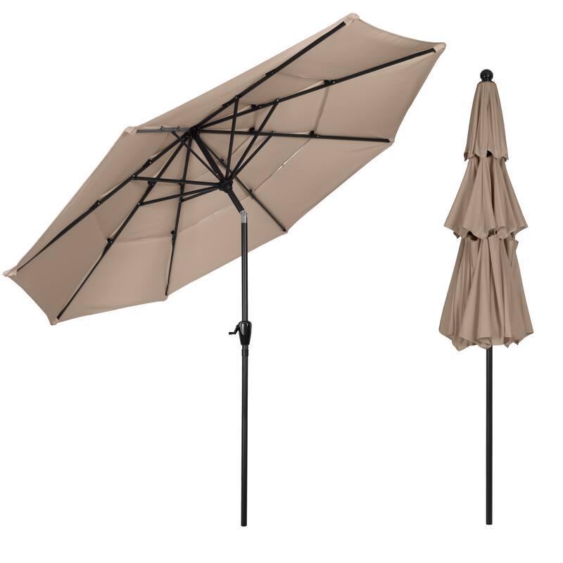 10 ft Patio Umbrella, 3-Tiered Sunshade with Push Button Tilt and Easy-Open Crank, Outdoor Umbrella for Deck, Yard