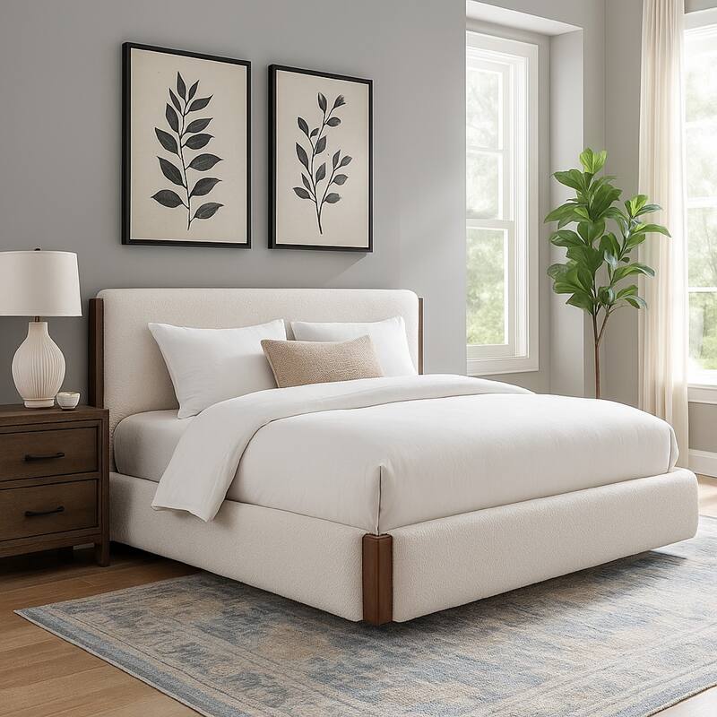 Fedro Queen Bed, Low Profile, White Boucle Upholstery, Walnut Brown