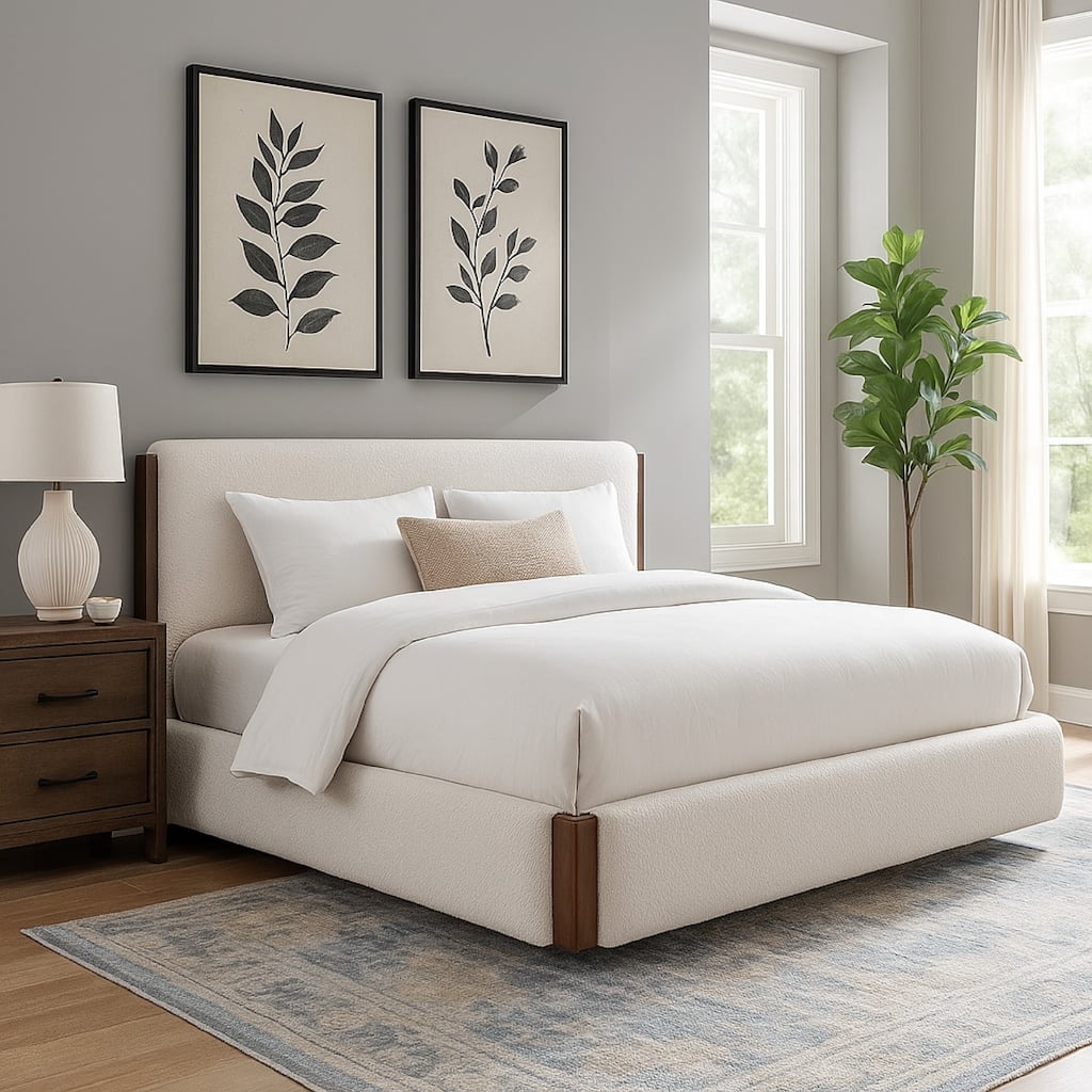 Fedro Queen Bed, Low Profile, White Boucle Upholstery, Walnut Brown