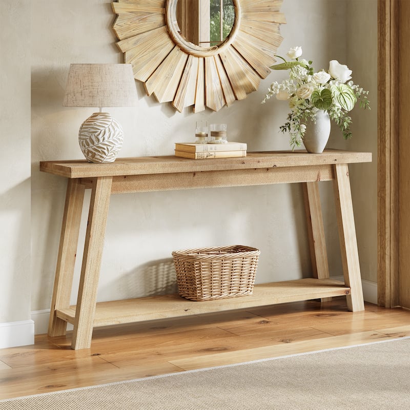 70.8'' Long Solid Wood Entryway Console Table with Shelf, 1.97'' Thick One-Piece Solid Wood Tabletop