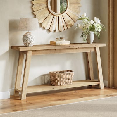 70.87 Inch All Solid Wood Console Table with Shelf, 1.97'' Thick One-Piece Tabletop