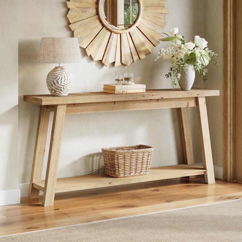 70.87 Inch All Solid Wood Console Table with Shelf, 1.97'' Thick One-Piece Tabletop