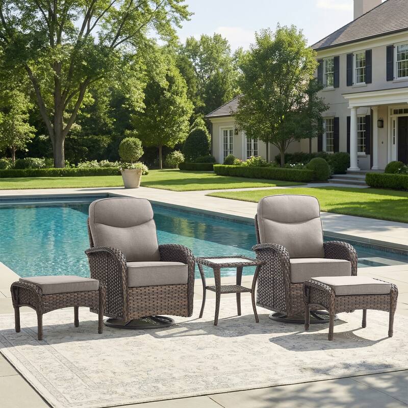 Pocassy Outdoor Wicker Patio Swivel Chair with Ottoman Sets - Brown Wicker Gray Cushion - 5-Piece Swivel Chair with Ottoman