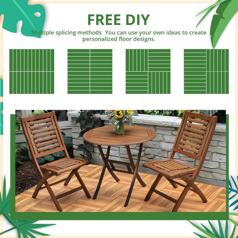 12 x 12 Inch Solid Wood Acacia Interlocking Flooring Tiles, Straight Pattern Patio Deck Tiles (Natural Color, 6 Slats)