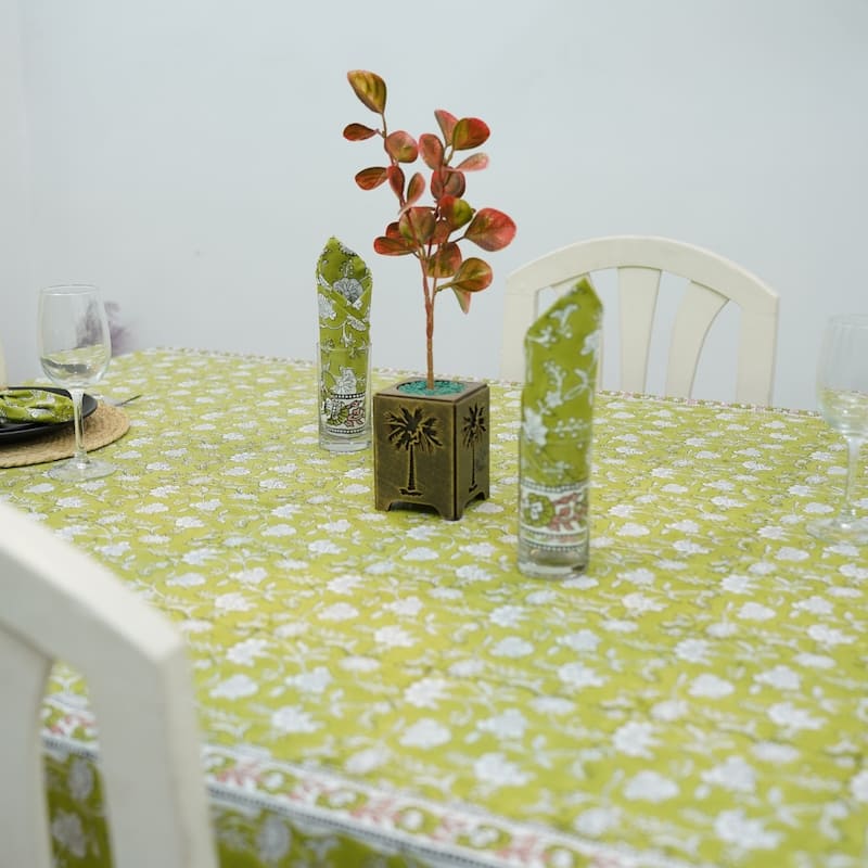 Fabdivine Floral Cotton Table Cover or Cloth Handmade Block Print for Dining & Home Décor Accent