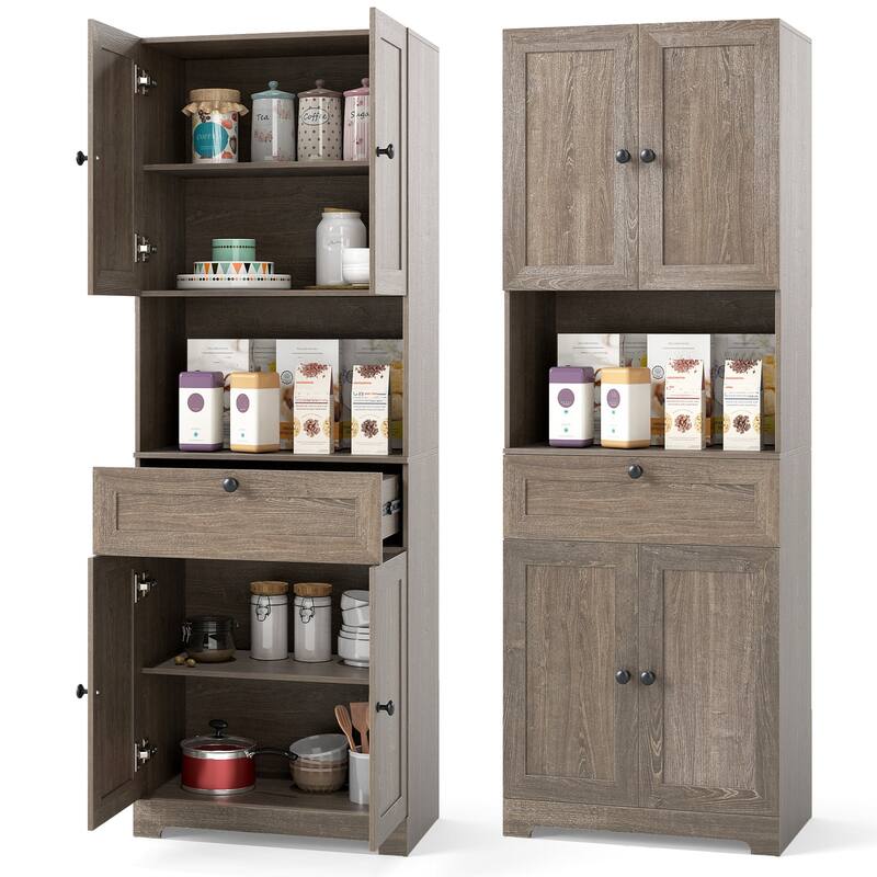 Gymax 67.5'' Kitchen Pantry Cabinet w/4 Doors 1 Drawer Open Countertop - Grey Oak