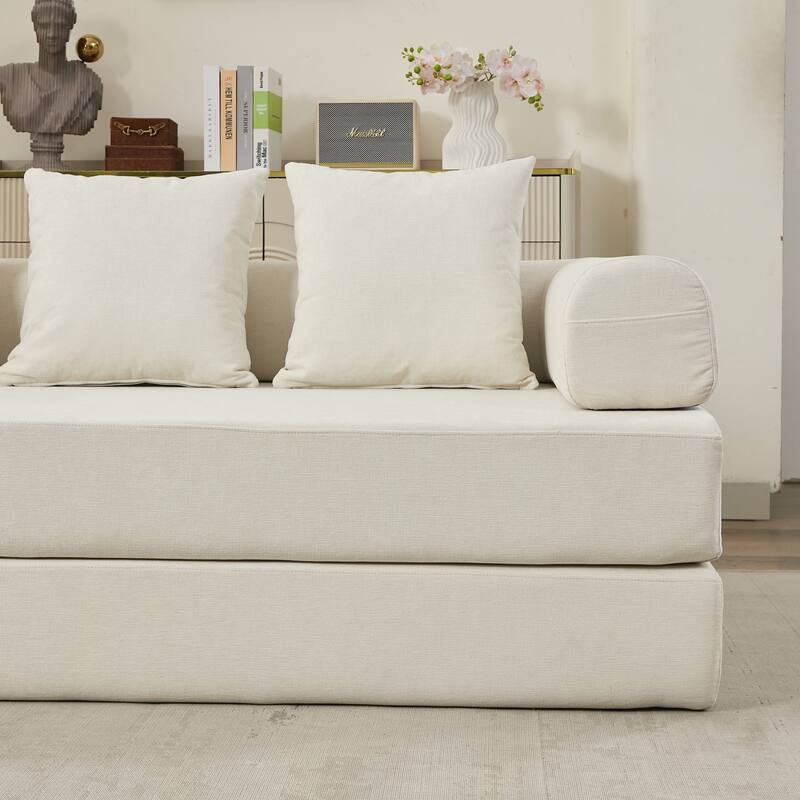 Chenille Folding Sofa Floor Sleeper Bed Chaise Lounger Couch 3-in-1 Comfy Mattress with Reversible Arm Pillows and Non-slip Pad