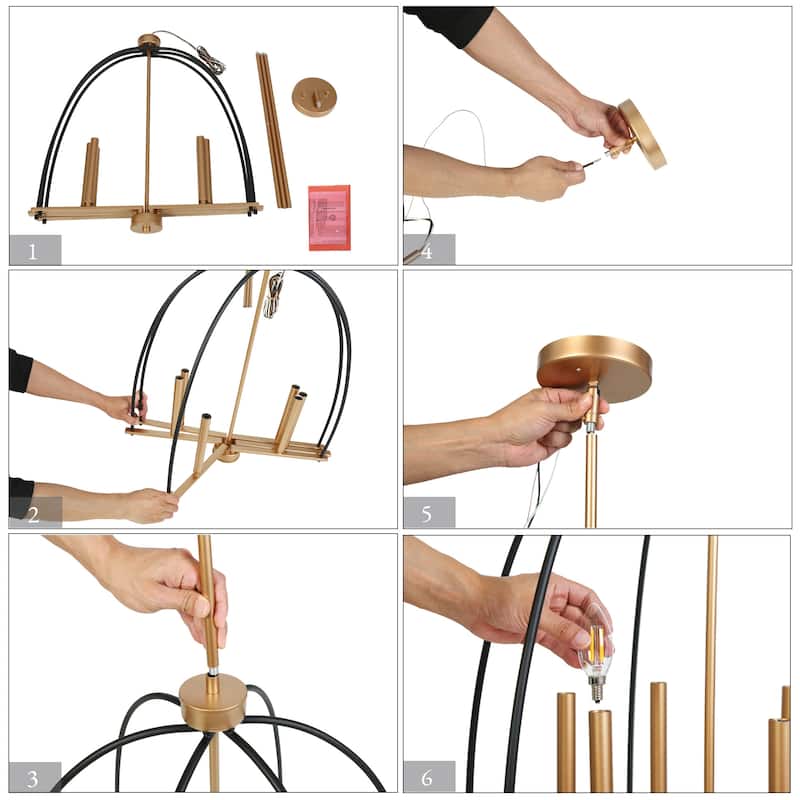 Modern 6-Light Birdcage Chandelier Black Gold Pendant for Dining Room - 23.6 " × 25 "