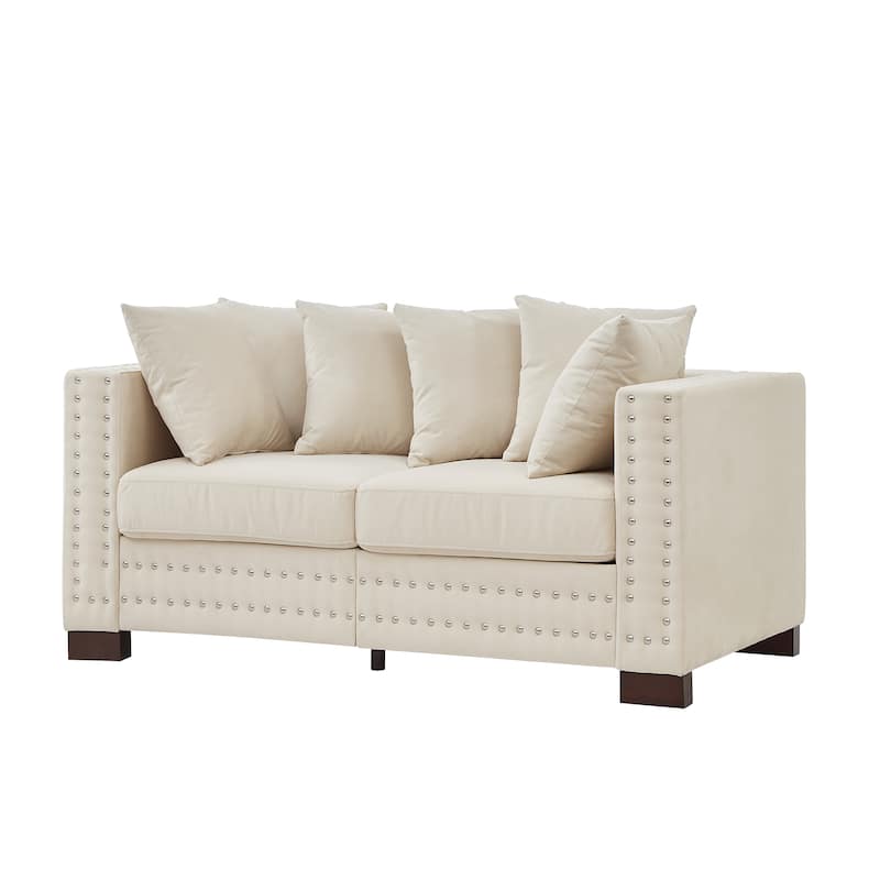 Velvet Loveseat Sofa with Storage, Comfy Upholstered Deep Seat Sofa, 2-Seater Sofa with Nailhead Trim & 6 Throw Pillows