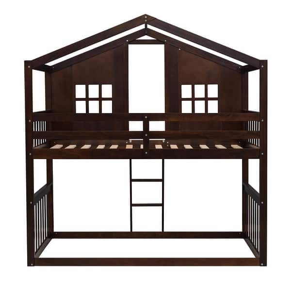 slide 2 of 42, Playhouse Design Twin Over Twin Bunk Bed with Ladder and Roof Espresso