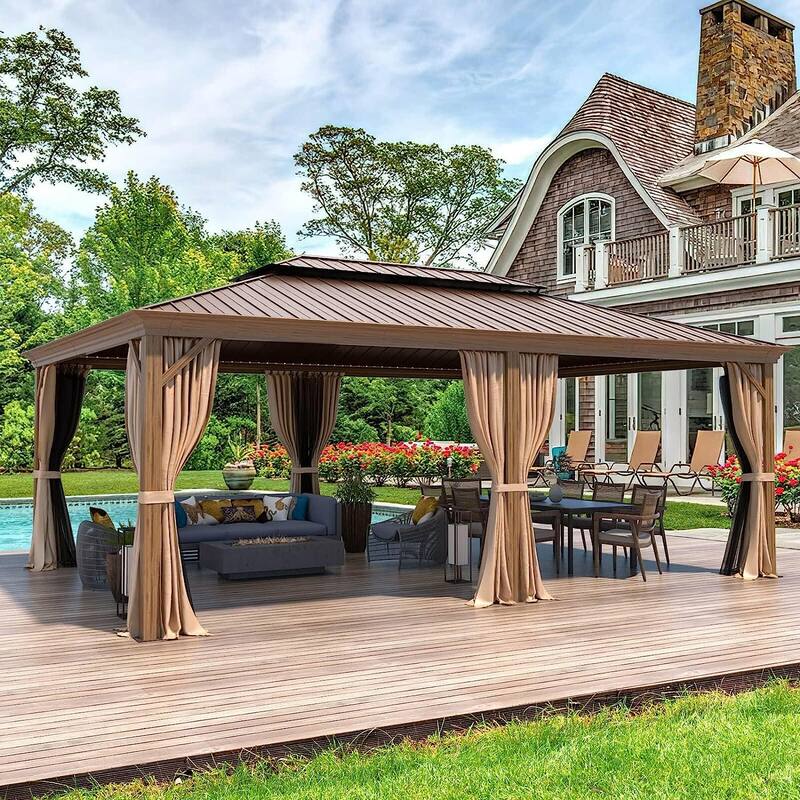Outdoor Hardtop Gazebo, Wooden Finish Coated Aluminum Frame w Galvanized Steel Double Roof with Premium Curtains and Netting - 14' x 20' - Wood