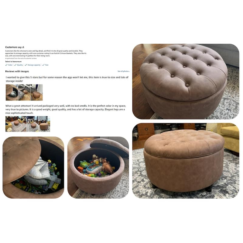 Tufted Round Storage Ottoman, Faux Leather