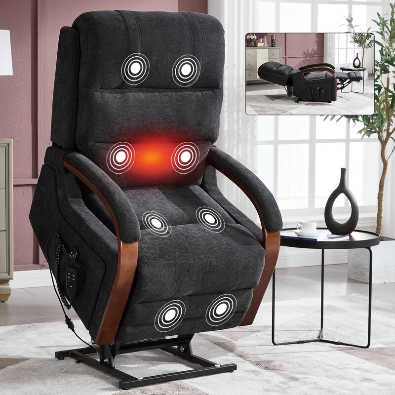 Dual Motor Power Lift Recliner Chair with Massage Heat and Wood Armrests