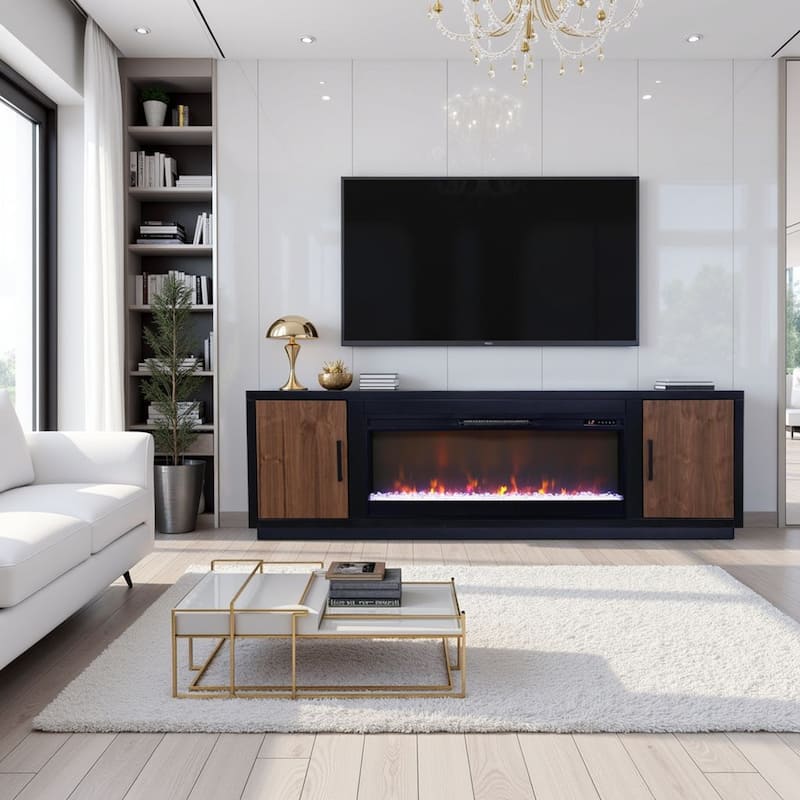 Bridgevine Home Aria 83 inch Fireplace TV Stand for TVs up to 95 inches, Minimal Assembly, Black and Walnut Finish - Black and Walnut