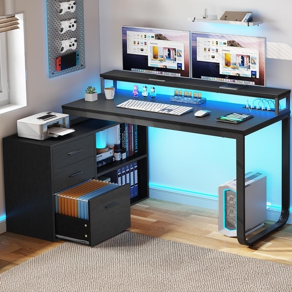 ネット限定お買い得商品 - ショップチャンネル Desk Gaming L-shaped Inch 55 with LED and Outlets Power 冷蔵庫