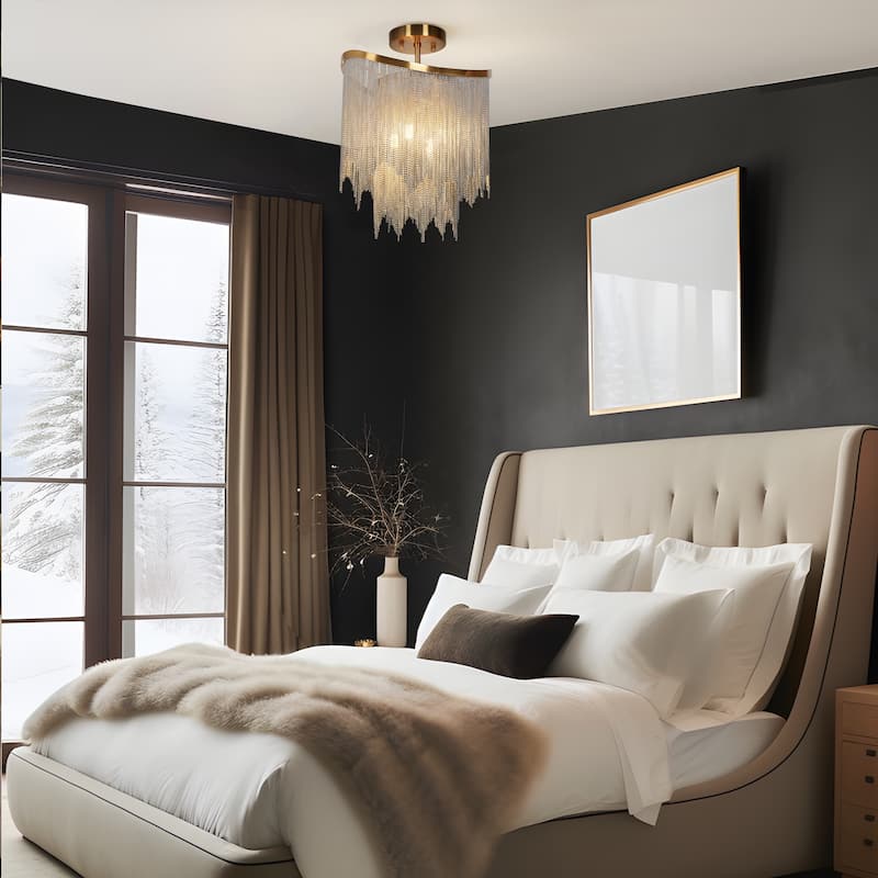 Modern Glam 4-Light Gold Chandelier Round Semi-Flush Mount Ceiling Light - D13" x H17.3" Max