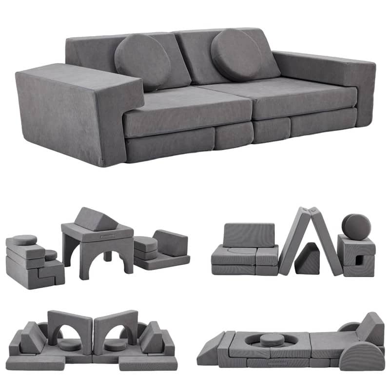 14PCS Fold Out Kids Couch Modular Kids Couch For Playroom - Grey