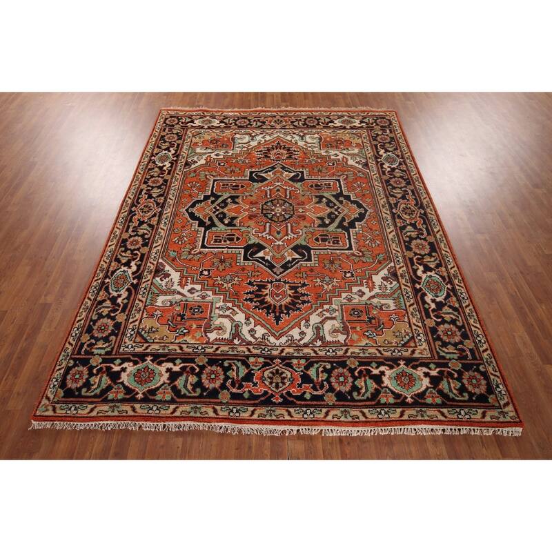 Orange Geometric Heriz Serapi Indian Area Rug Hand-Knotted Wool Carpet - 8'0"x 10'1"
