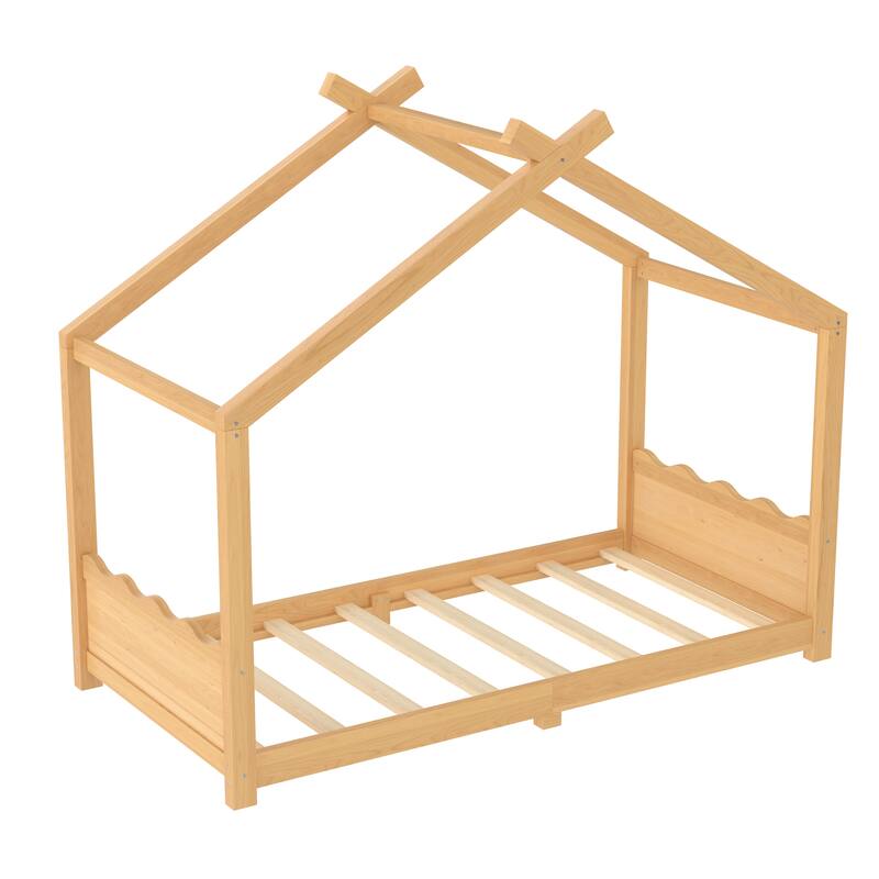 Twin House Floor Bed with Support Slats, Solid Wood House Bed Frame for Kids, No Box Spring Needed