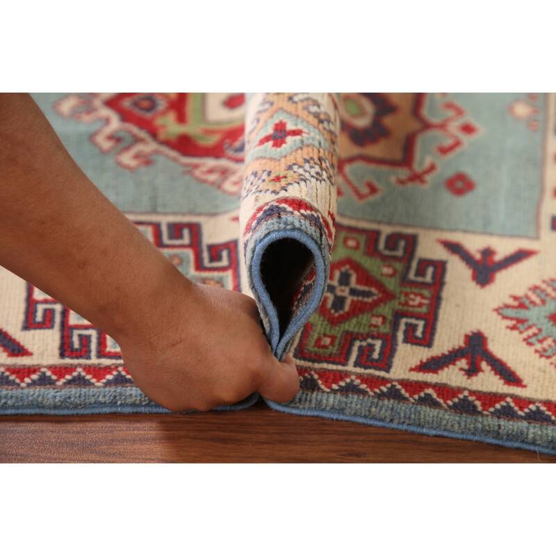 Geometric Blue Kazak Area Rug Handmade Wool Carpet - 4'11" x 5'11"