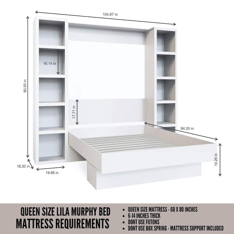 Easy-Lift Queen Murphy Wall Bed in with Two Bookshelves