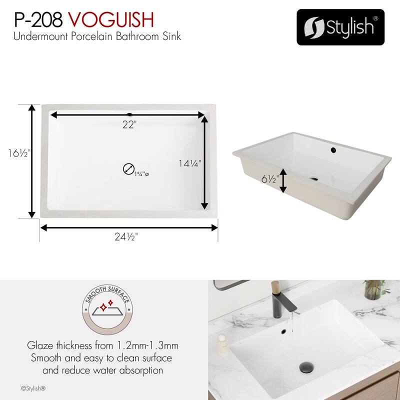 STYLISH 24.5 inches Rectangular Undermount Ceramic Bathroom Sink with 2 Overflow Finishes - 24.5 " x 16.5" x 6.5"