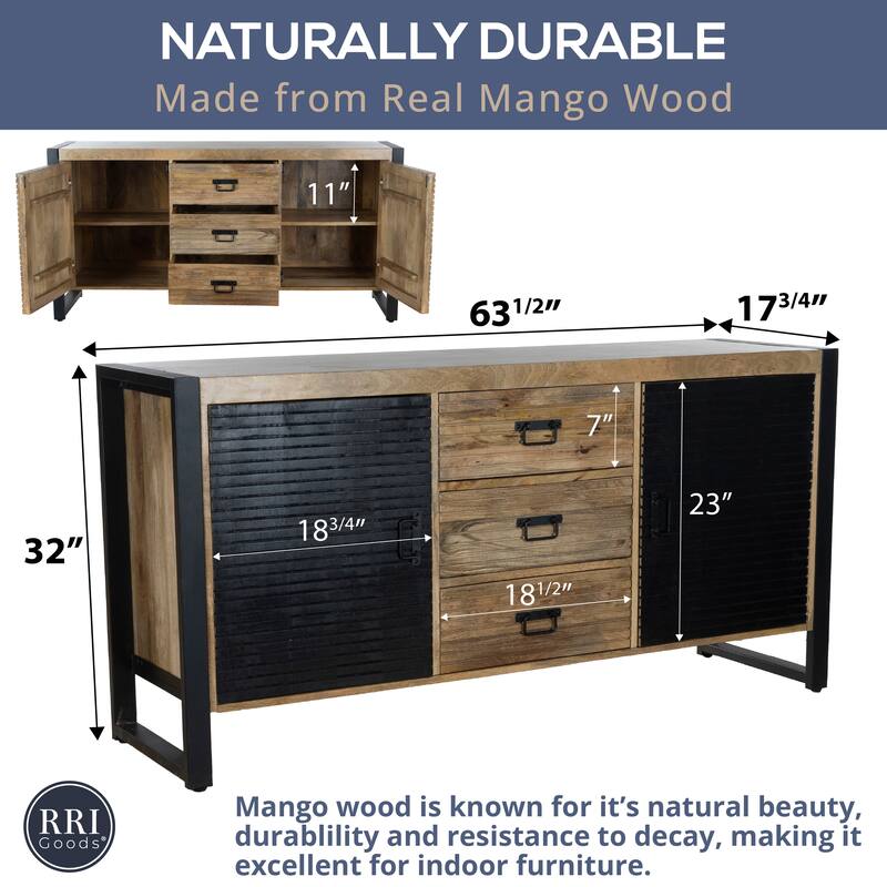 63" Mango Wood Sideboard Buffet with 3 Drawers Metal Frame and Cabinets